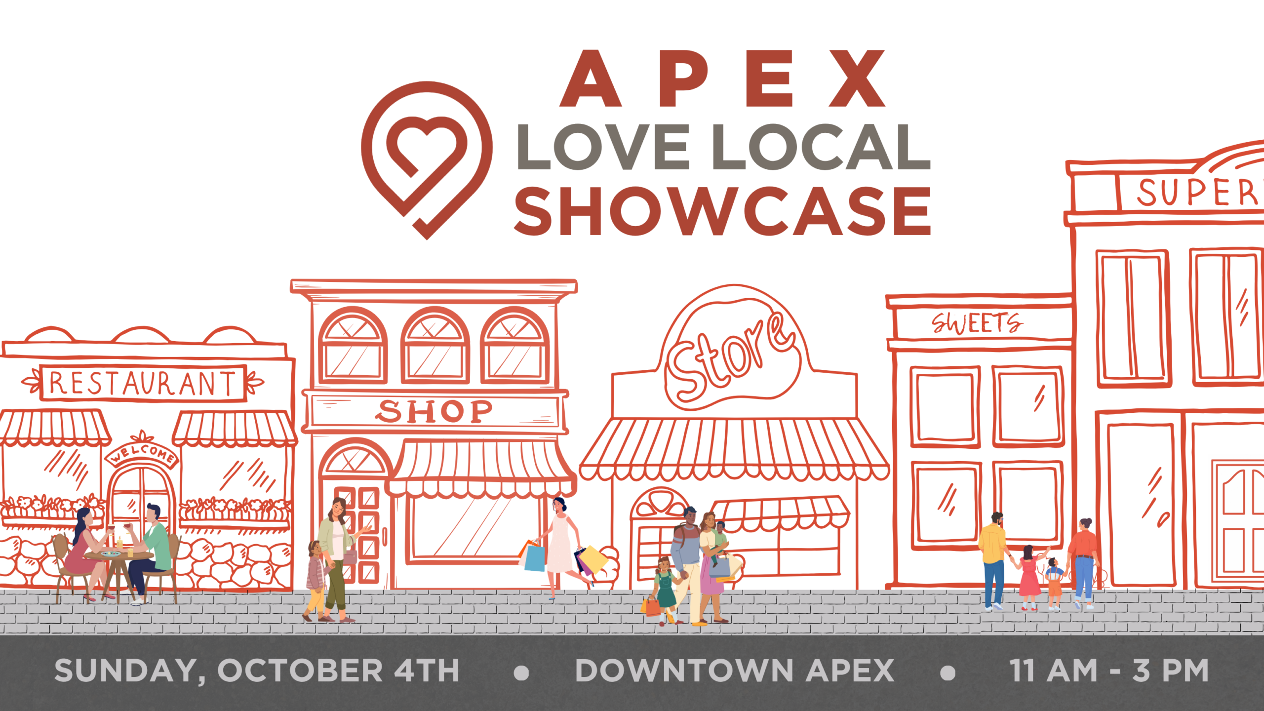 Apex Love Local Showcase Logo - Cartoon people walking around shopping