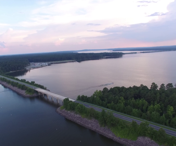 aerial photo of jordan lake at sunset